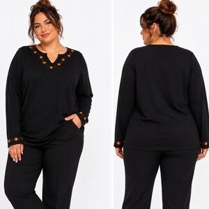 Designers Originals‎ Womens Shirt Black Long Sleeve Pumpkin Embroidered Top  2x